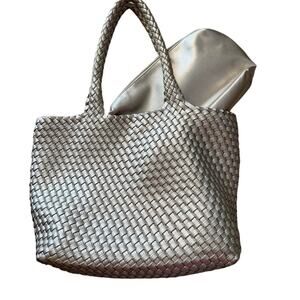 Metallic Gold Woven Faux Leather Tote Bag Set w/ Pouch